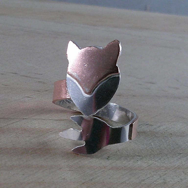 Sterling Silver and Copper Fox Adjustable Ring