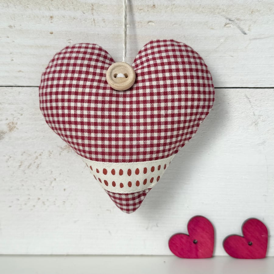 HEART DECORATION - red mini gingham, dotted ribbon