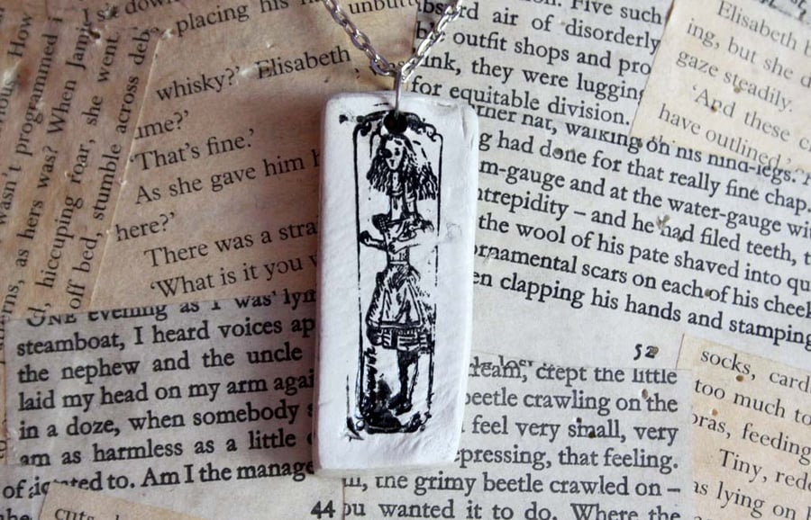 Alice In Wonderland Stamped Clay Silver Necklace