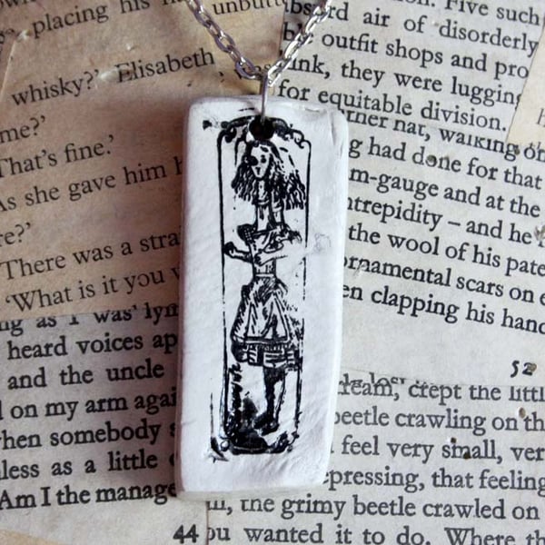 Alice In Wonderland Stamped Clay Silver Necklace