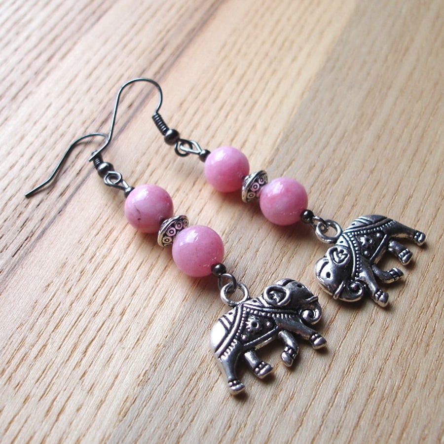 Pink Elephant Charm Bead Earrings