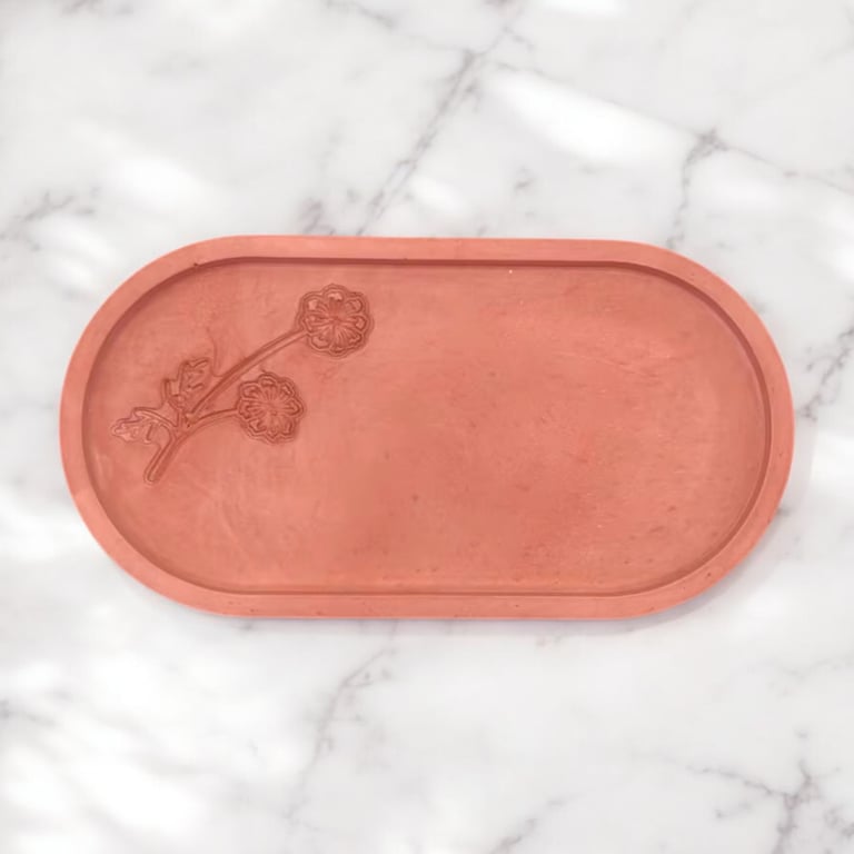Light Terracotta Coloured Oval Catchall Tray With Floral Imprints 