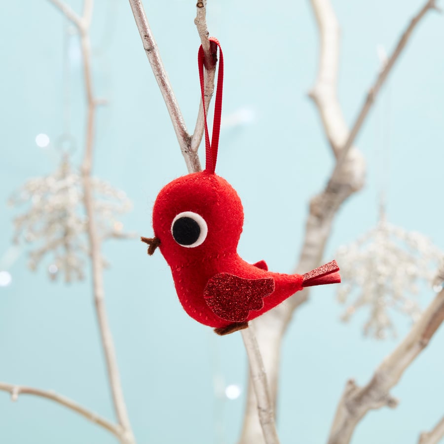 Red bird Christmas tree decoration with glitter wings