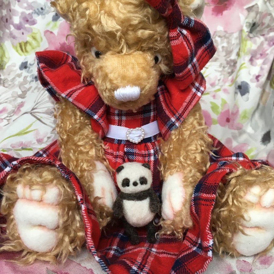 Susie traditional Christmas bear, hand sewn teddy bear with felt panda  