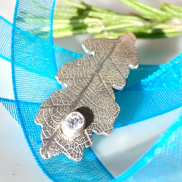 Oak Leaf Pin Brooch in Sterling Silver with Cubic Zirconia F&W