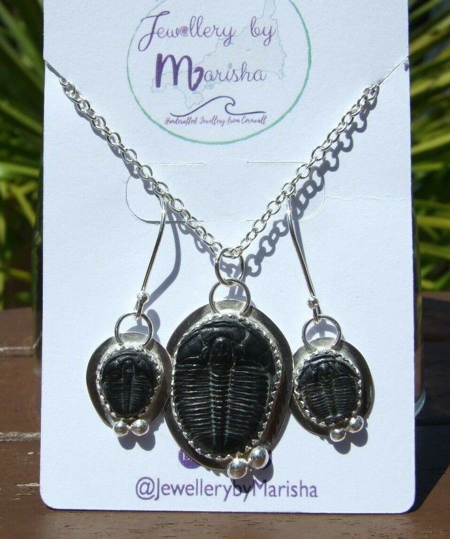 Sterling Silver .925 Necklace & Earrings Gift Set with Genuine Trilobite Fossils