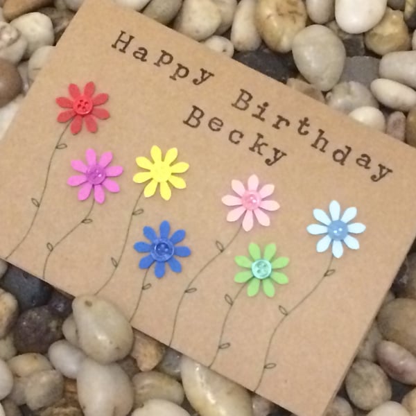 Personalised Happy Birthday Card, Handmade Card, For Her, For Friend, Flowers
