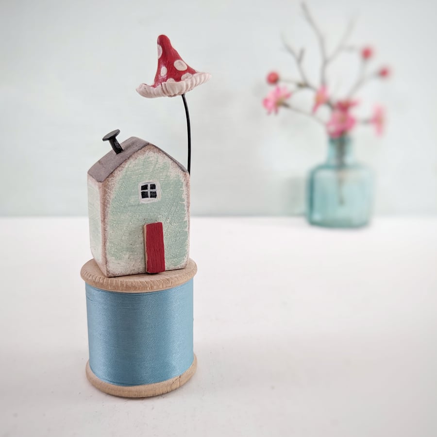 Little House on a Vintage Wood Bobbin with Clay Toadstool
