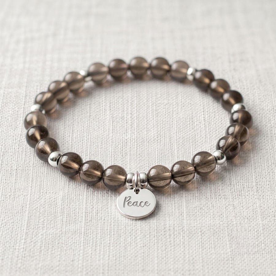 Smoky Quartz Bracelet Personalised with Initial, Natural Healing Crystal Bracele