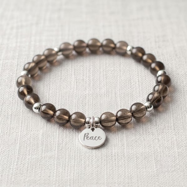 Smoky Quartz Bracelet Personalised with Initial, Natural Healing Crystal Bracele