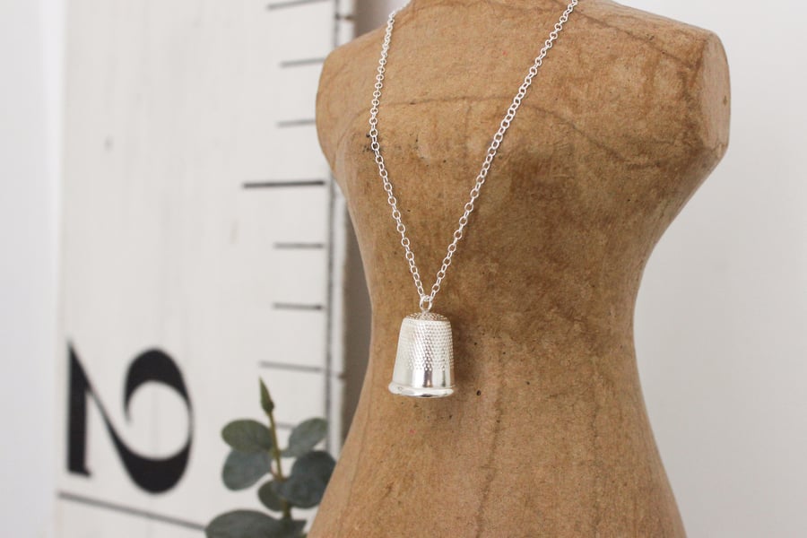 Solid silver thimble pendant, sewing necklace