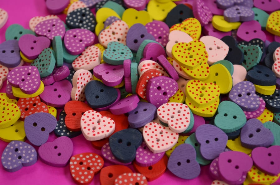 Little Wooden Dotty Heart Buttons Mixed Spotty Dot Colourful 13x15mm (WH2)