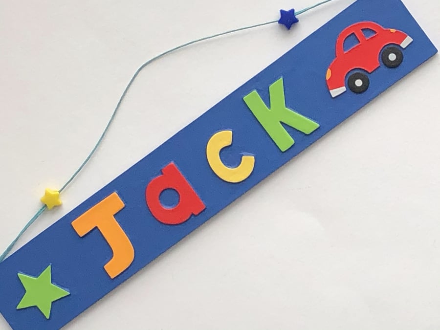 Any Name! Navy Blue Name Plate with Red Car