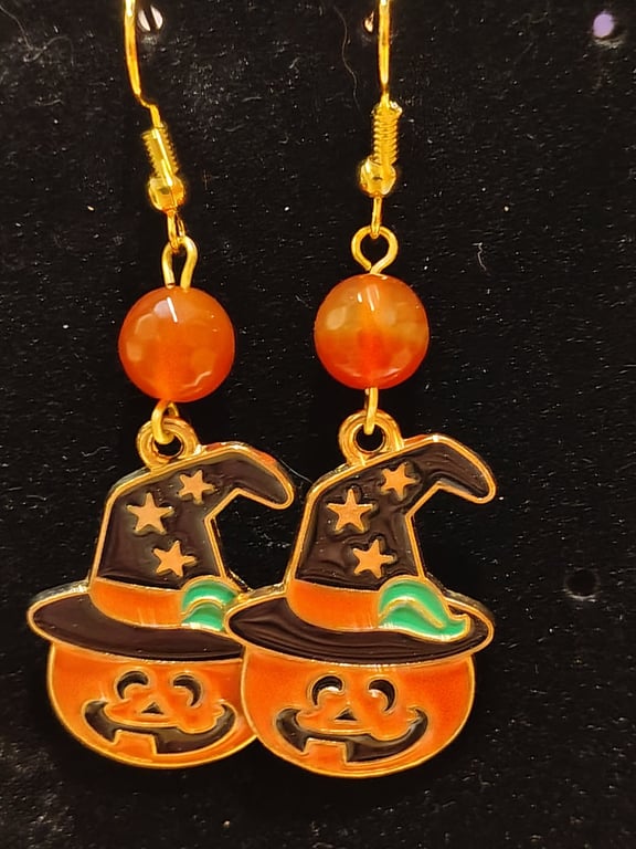 Gold plated Halloween Witch Pumpkin red Agate Earrings
