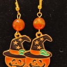 Gold plated Halloween Witch Pumpkin red Agate Earrings