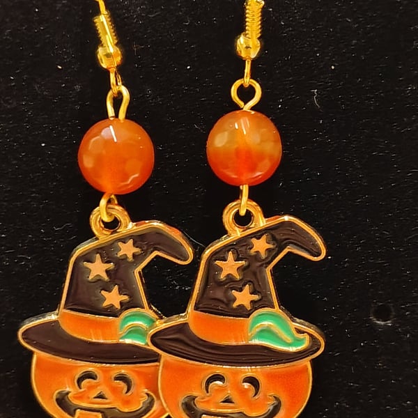 Gold plated Halloween Witch Pumpkin red Agate Earrings