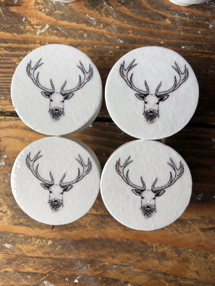 Handmade Grey head Stag pine door knobs wardrobe drawer handles decoupaged 