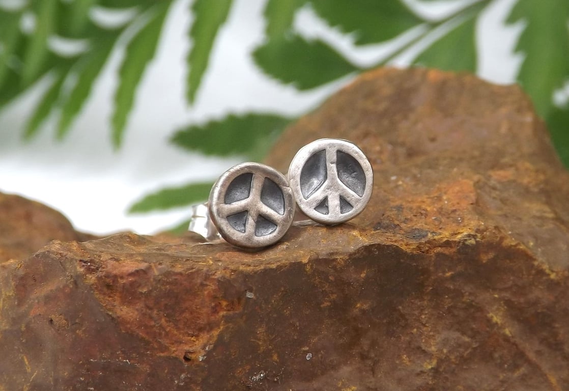 Recycled Sterling Silver Peace Sign Stud Earrings with Black Patina.