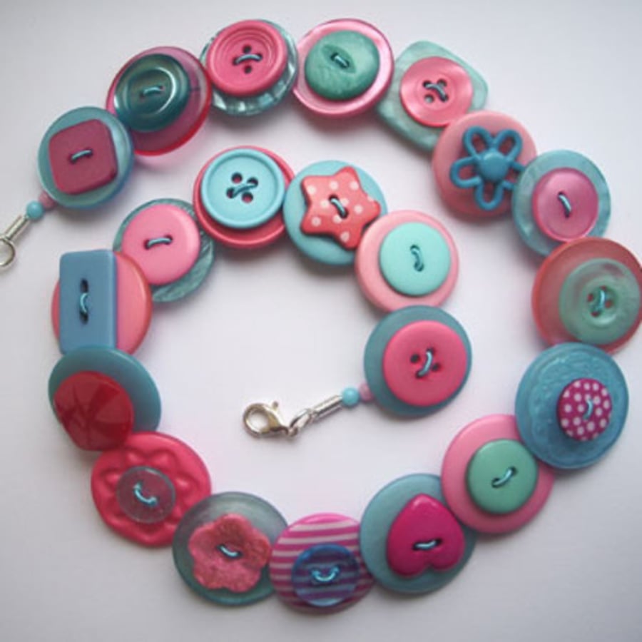 Pink, turquoise and aqua button necklace
