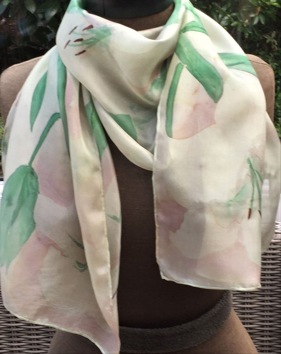 Pastel Green lily hand painted silk scarf