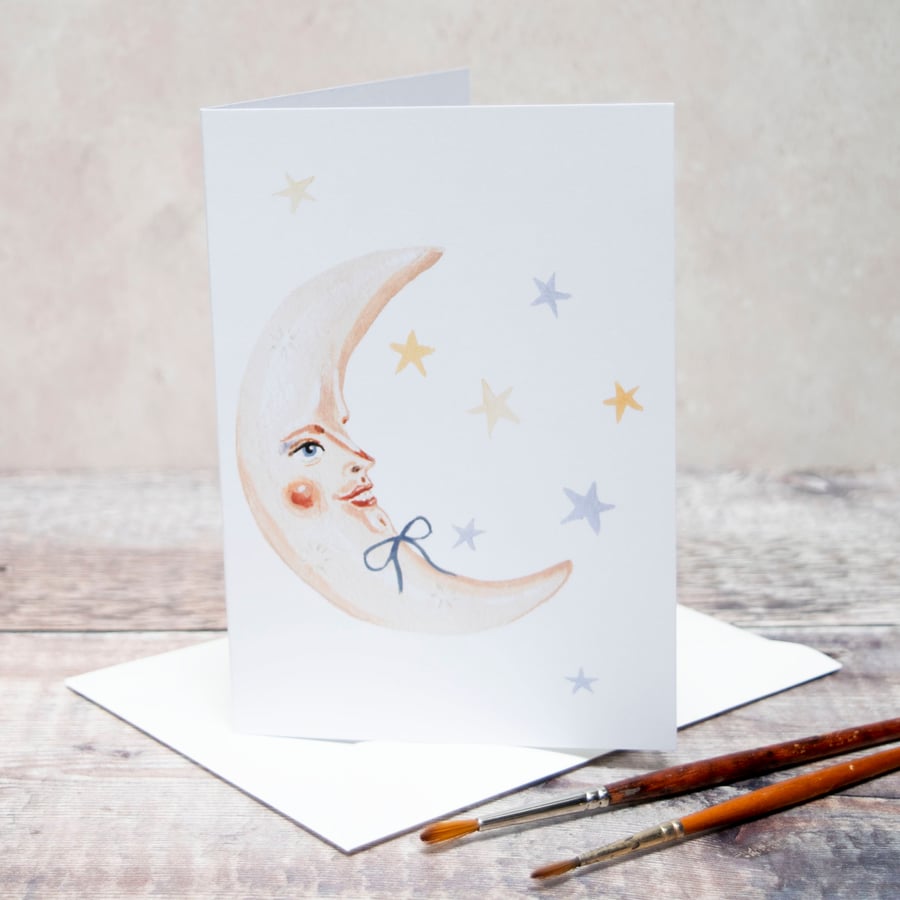 A6 greeting note card of Apollo the moon with stars. Unisex, for any occasion 