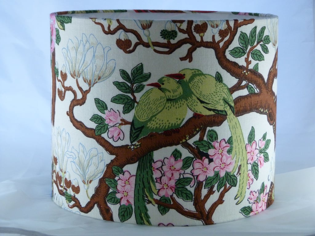 GP & J Baker Rockbird fabric covered large drum lampshade