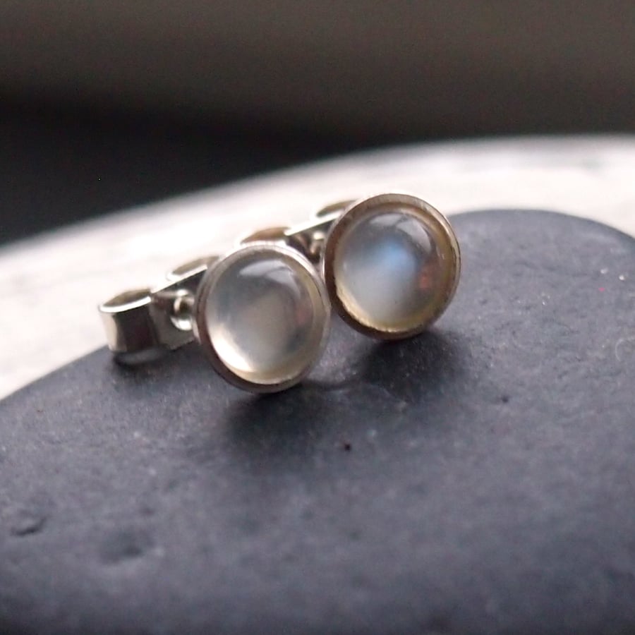 Silver and Blue Moonstone Stud Earrings