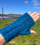 Hand knitted fingerless gloves,featuring cable knit pattern      DARK TURQUOISE  - Image 6
