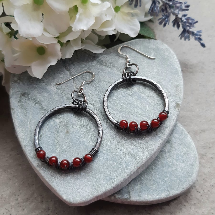 Red Round Garnet Earrings Hammered Sterling Silver Red Round Garnet Earrings Hammered Sterling Silver