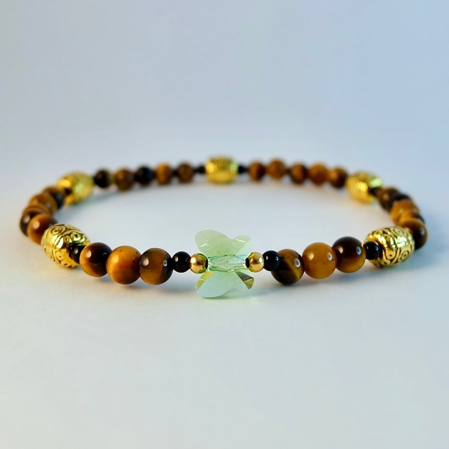 Tiger Eye Bracelet With Crystal Butterfly, Birthday, Anniversary, Gift For Her