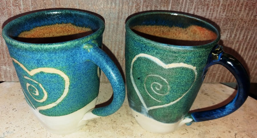 Heart and spirals incised large ceramic mugs