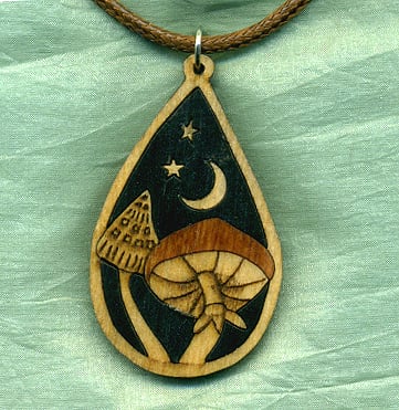 Mushrooms, moon and stars pendant