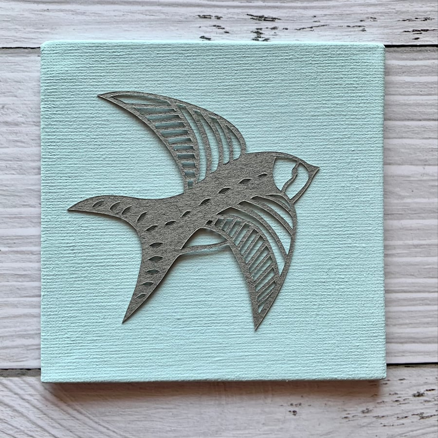 Mini Bird 'Mildred' Original Hand Cut Papercut on Canvas - Grey