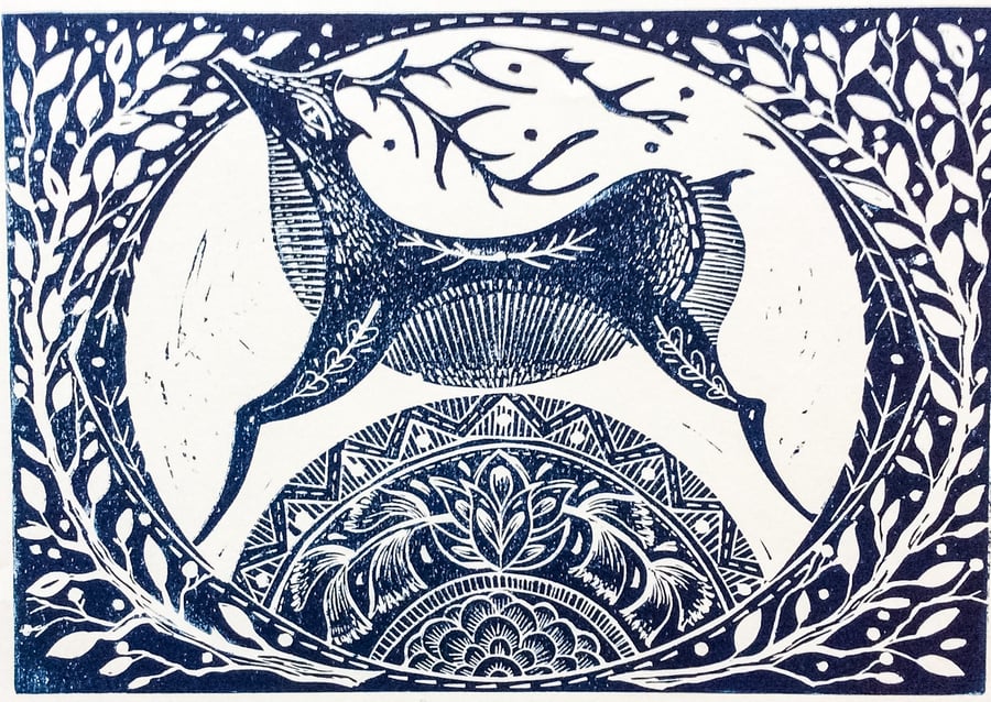 Winter Deer original Lino print 