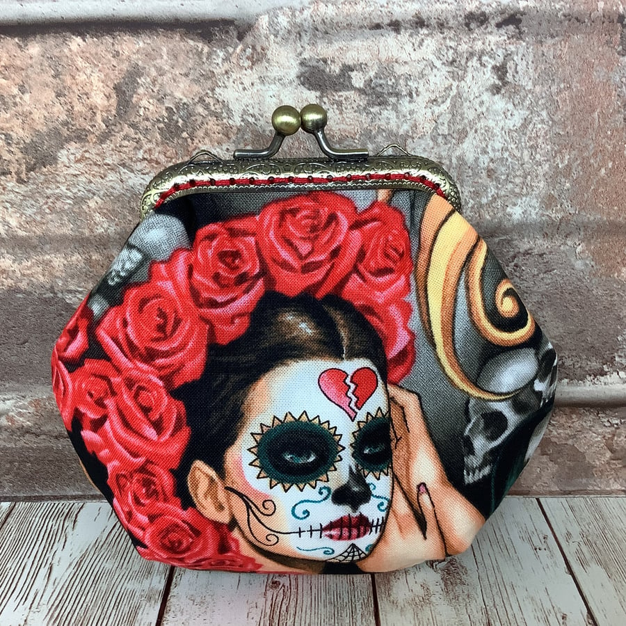 Gothic Day of the Dead Frame coin purse, with kiss clasp