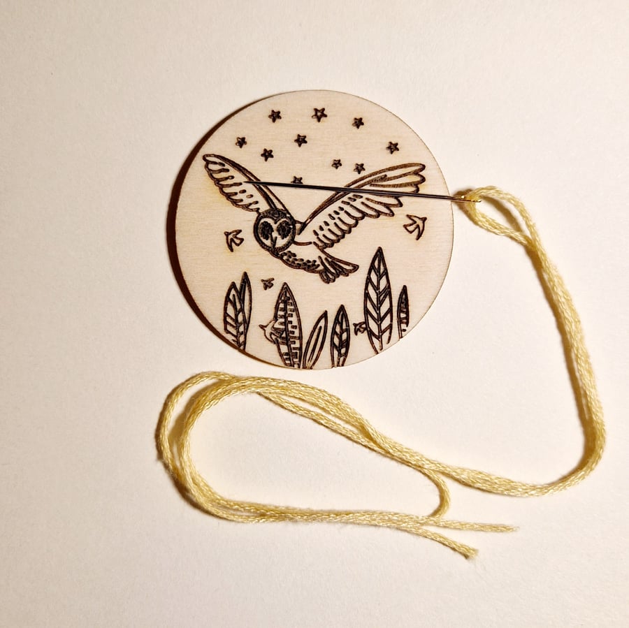 Wooden Needle Minder with Barn Owl Design 