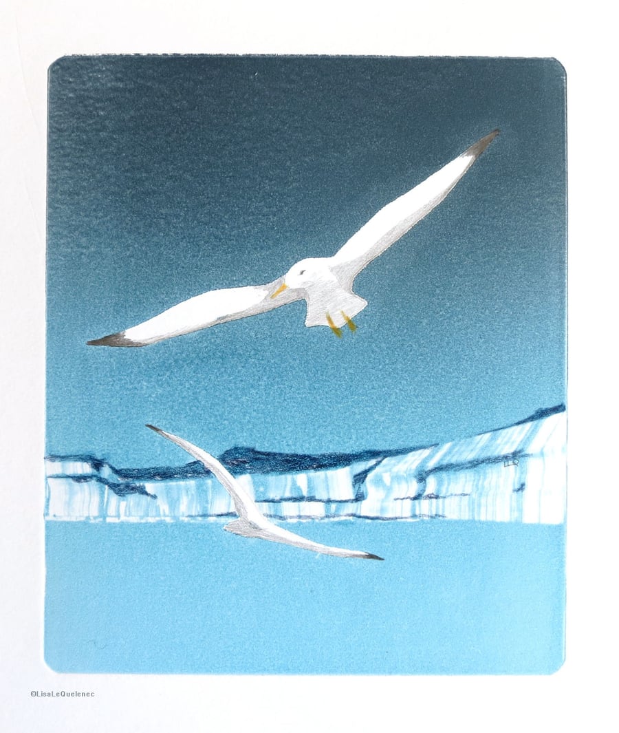 Gulls along the cliffs and coast original monoprint with added details.