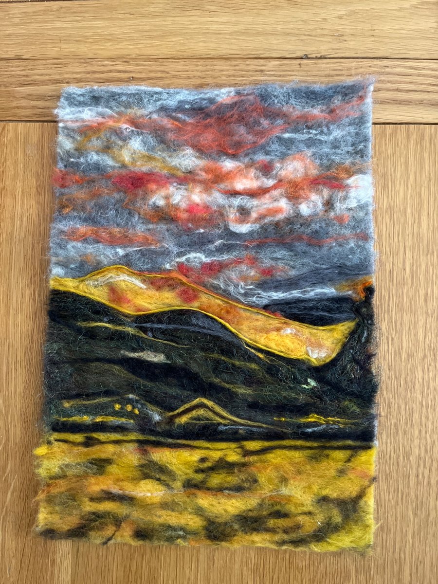 Needle felted in wool 'End of the Day' the mountains at sunset.