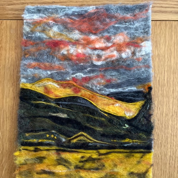 Needle felted in wool 'End of the Day' the mountains at sunset.