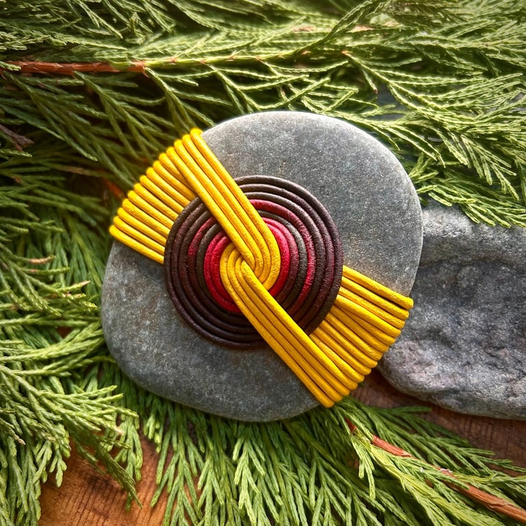 Japanese Zen Stone, Meditation Stone, Yellow and Red Leather Wrapped Rock