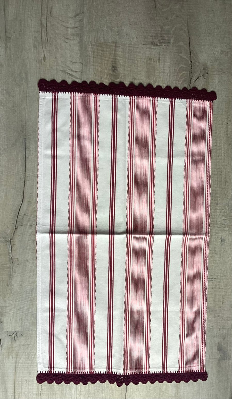Large Tea Towel from Heacham Stripe Cranberry cotton fabric with crochet borders