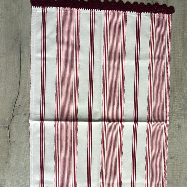 Large Tea Towel from Heacham Stripe Cranberry cotton fabric with crochet borders