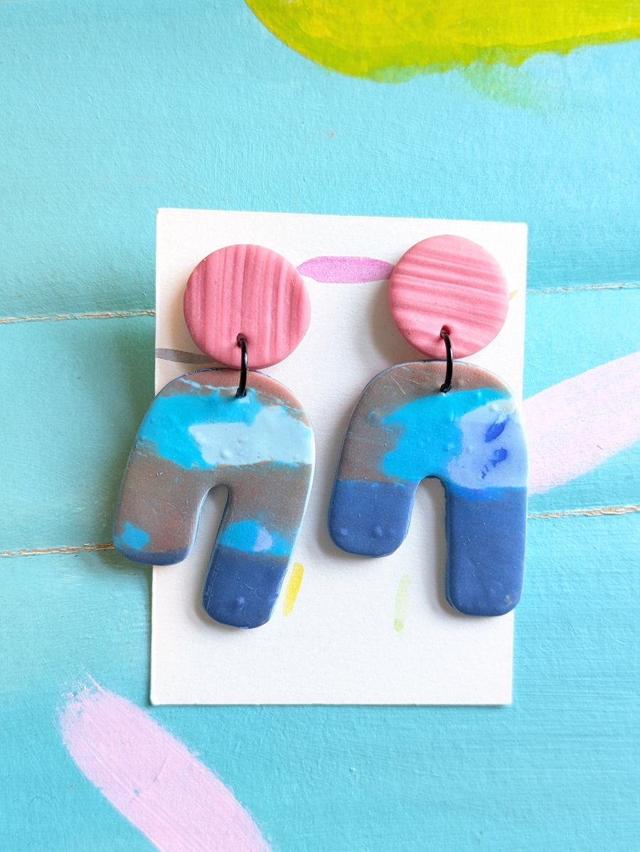 Unique earrings, dangly blue and pink lightweight earrings