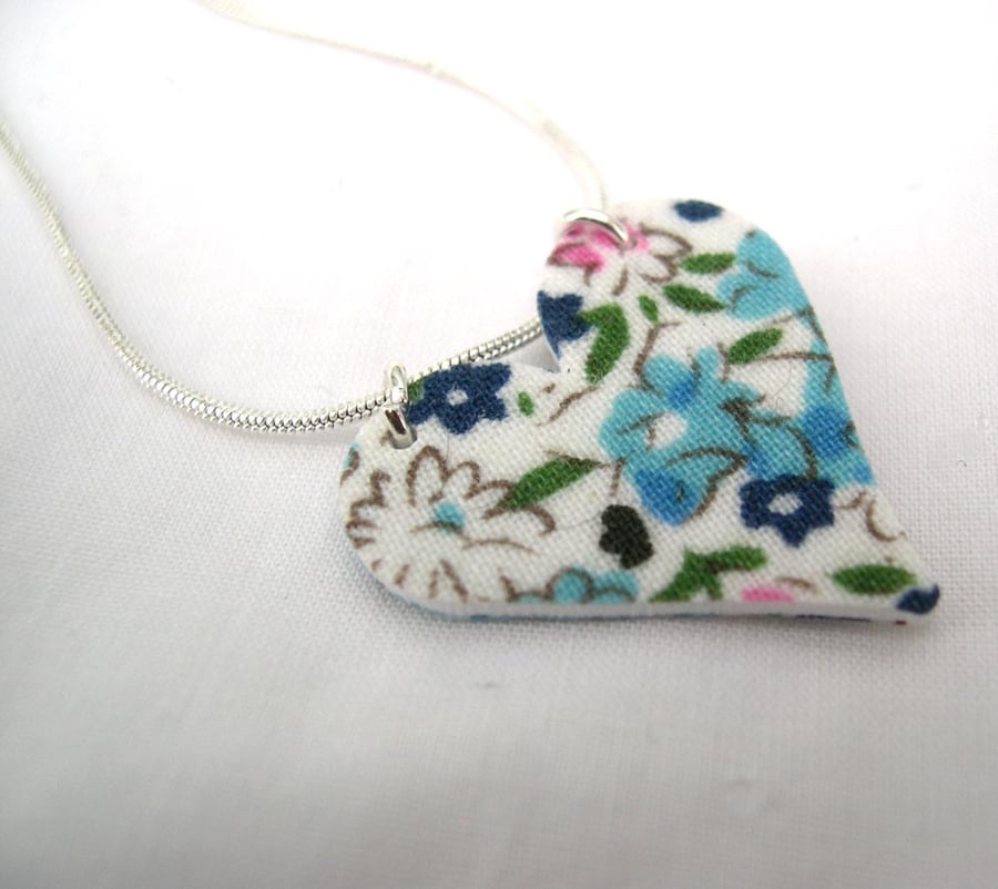 Blue Ditsy Floral Hardened Fabric Heart Necklace 