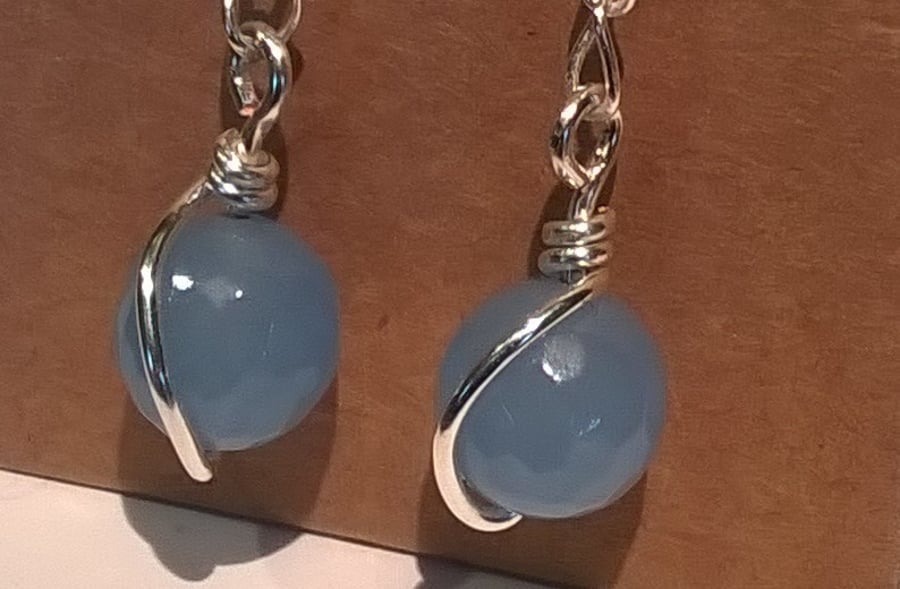 Light blue dyed quartz and silver plated chain earrings