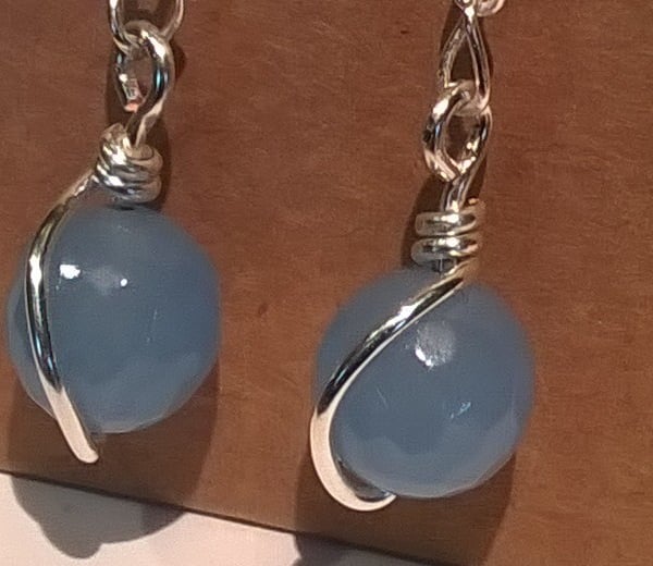Light blue dyed quartz and silver plated chain earrings