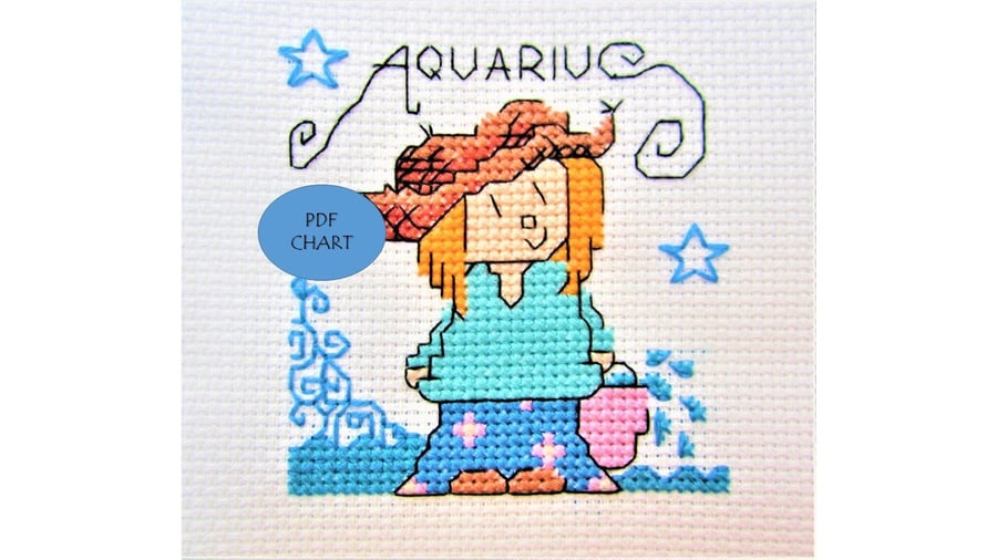 Aquarius zodiac star sign small cross stitch Instant digital Download PDF chart