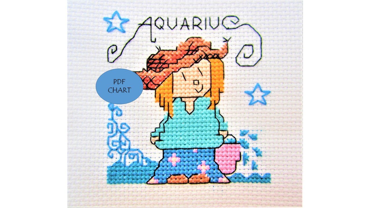Aquarius zodiac star sign small cross stitch Instant digital Download PDF chart