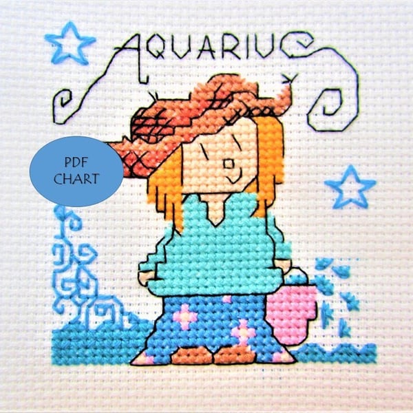 Aquarius zodiac star sign small cross stitch Instant digital Download PDF chart