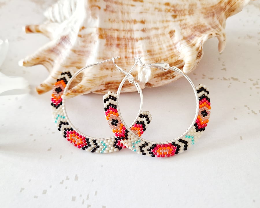 Cream Native Beaded Hoop Earrings 